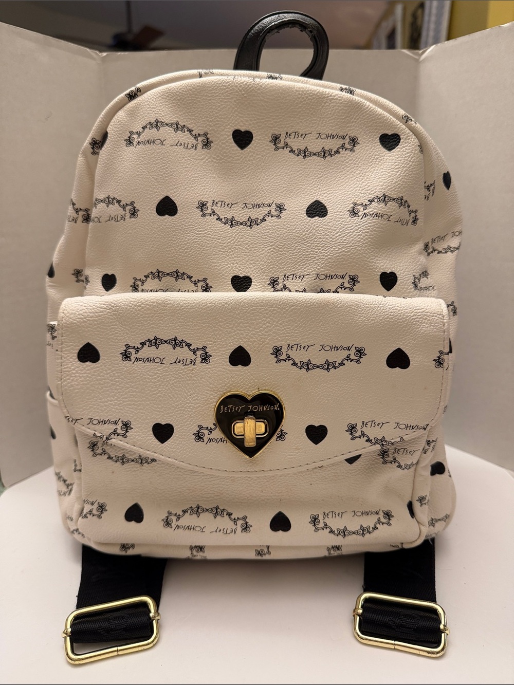 Betsey Johnson Cream and Black Heart Print Backpack - Picture 2 of 8